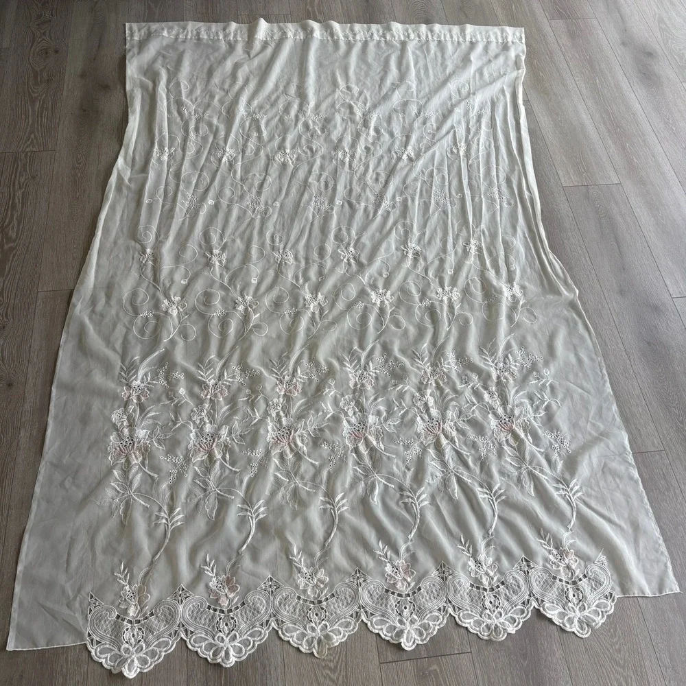 Vintage Floral Embroidered Sheer Fairy Curtain Panel Ivory Pink Lace Trim 71x56